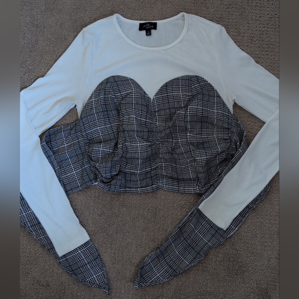 Shoedazzle Milk & Honey Long Sleeve Plaid Tie Waist Bustier Crop Top - Picture 5 of 11
